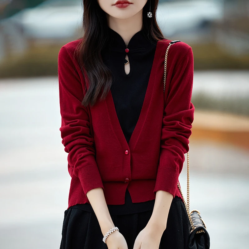 MZ.中式盘扣假两件羊毛衫秋冬旗袍领外套宽松百搭针织外搭NS3170