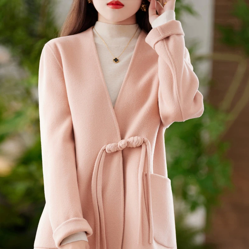 MZ.复古新中式交叉V领纯羊毛大衣女短款柔软保暖双面呢外套SON823