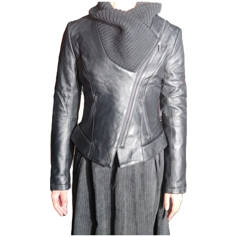 女款皮衣 WH1 春秋欧版绵羊皮机车朋克黑色女士翻领紧身100%真皮