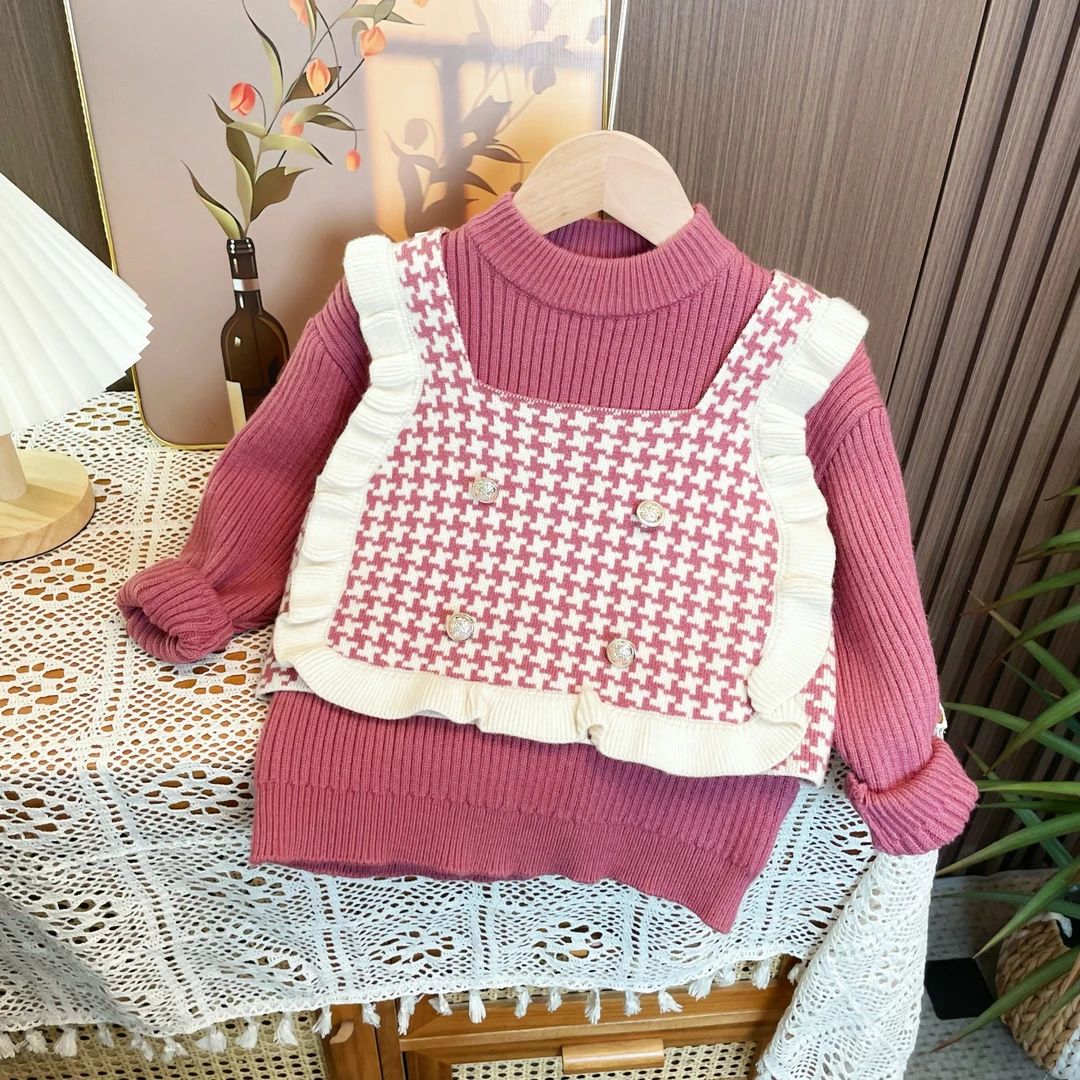 【现货 树莓假两件】童装女童新款儿童秋冬季毛衣针织衫女宝衣服