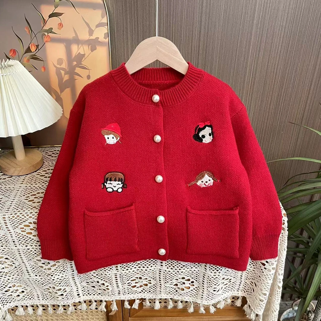 【卡通开衫】女童2023新款宝宝红色毛衣韩版洋气儿童针织衫开衫