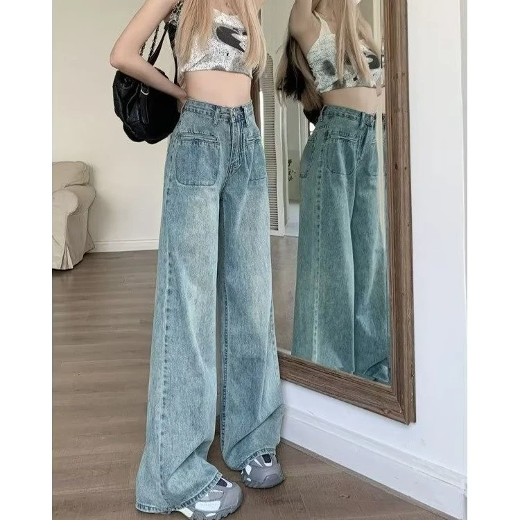 大码阔腿牛仔裤新款小个子拖地裤宽松高腰直筒裤美式复古裤子女潮