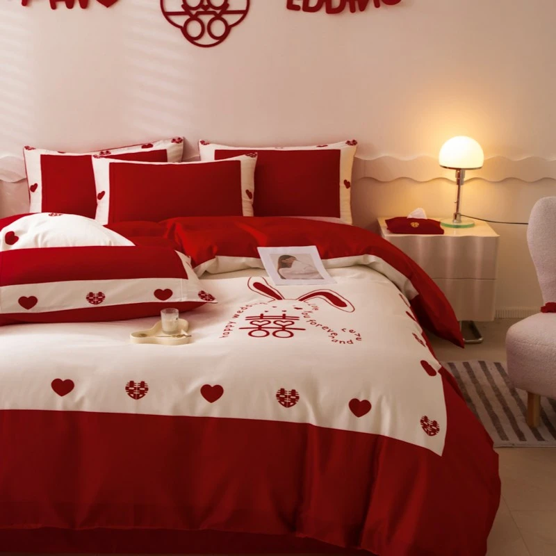 高档床上用品婚庆四件套结婚轻奢婚房喜庆套件大红色婚床抱枕靠枕