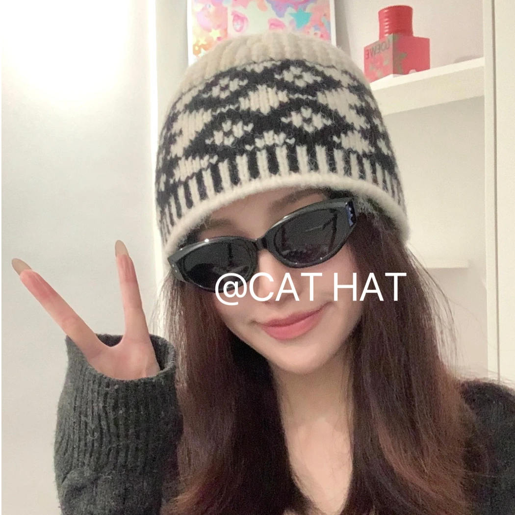 【CAT HAT】复古菱格针织冷帽女秋冬季韩版显脸小保暖毛线帽