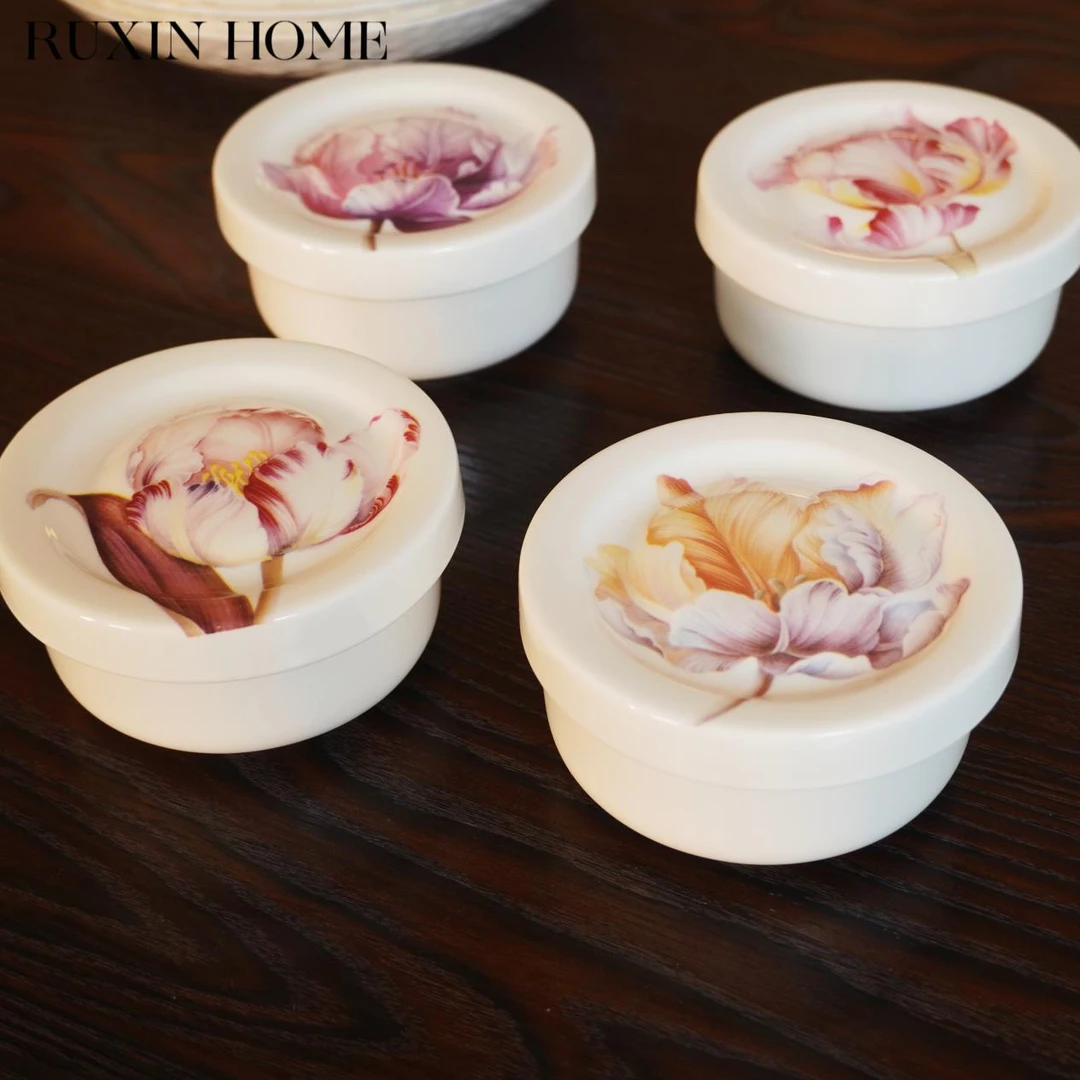 如馨家居 浮雕立体郁金香骨瓷保鲜罐 蒸菜热菜盖碗