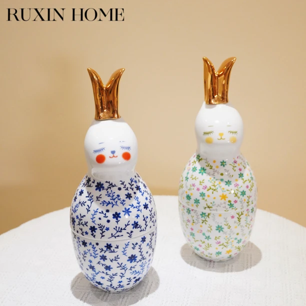 如馨家居 创意法式碎花兔子茶叶罐摆件带茶择陶瓷密封罐生日礼物