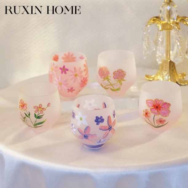 如馨家居 日式手绘繁花江户哨子茶杯 耐热玻璃主人杯