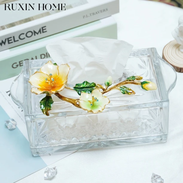 如馨家居 欧式轻奢高档白玉兰水晶玻璃抽纸巾盒创意客厅茶几摆件