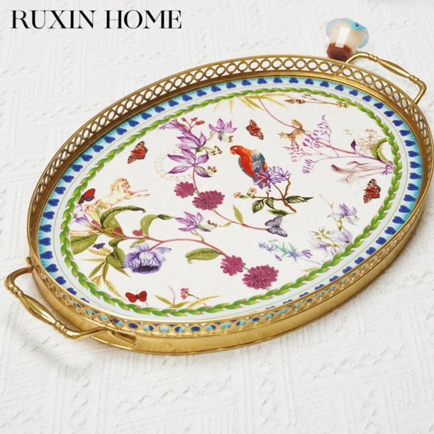TP-04 铜包瓷托盘法式别墅美式客厅茶几高端欧式装饰品摆件
