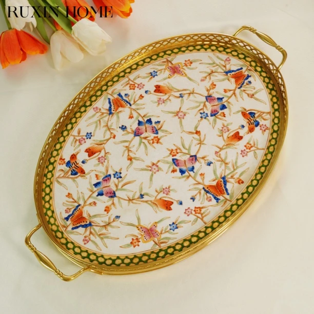 TP-15 铜包瓷欧式高端别墅收纳托盘 客厅餐桌软装摆件
