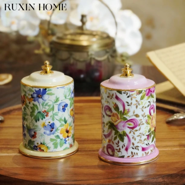 如馨家居 高温铜配瓷的牙签收纳罐 陶瓷棉签罐牙签盒