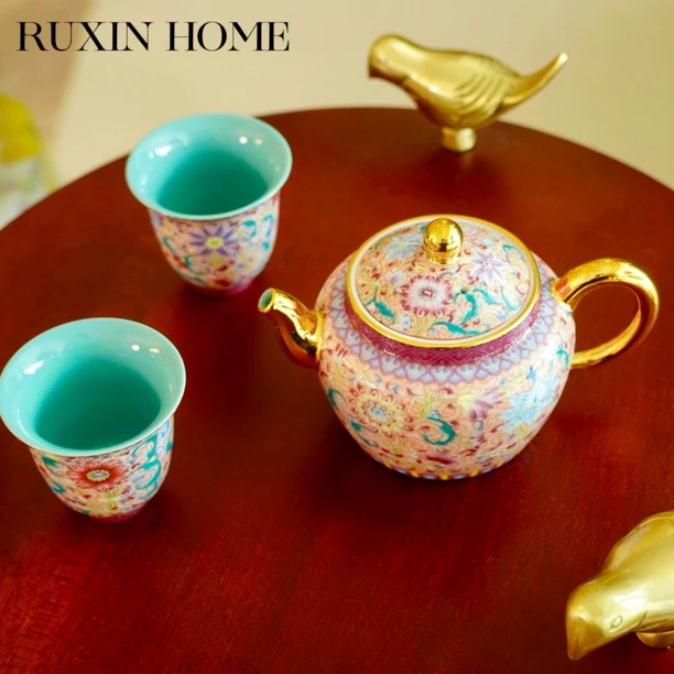 如馨家居 花开盛世陶瓷家用泡茶壶礼盒装 一壶两杯套组