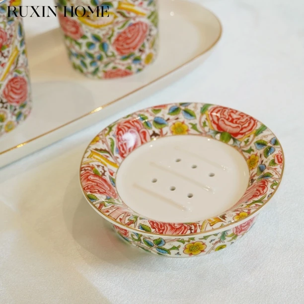如馨家居 玫瑰硕果 陶瓷肥皂碟双层沥水盘家用卫浴空间洗漱台皂盒