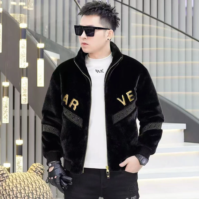 欧货高端时尚仿貂绒字母V休闲夹克男冬季刺绣亮片短款保暖外套男
