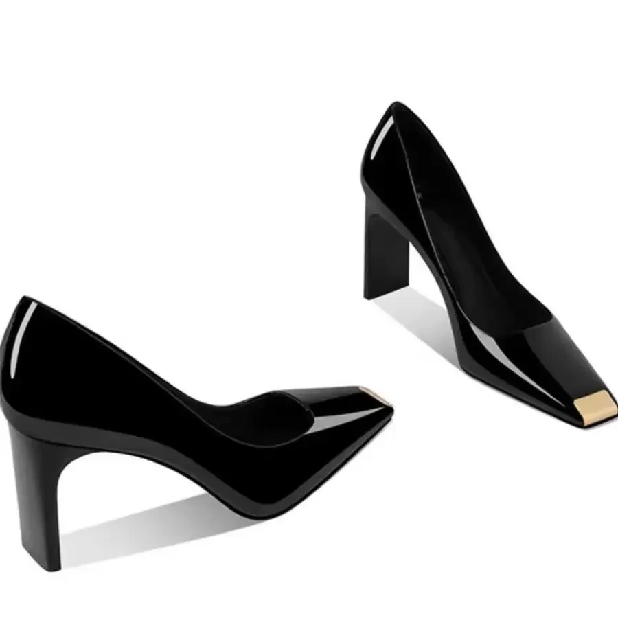 黑色方头2025年春季新款时尚爆款软皮百搭粗跟粗跟潮流单鞋高跟鞋