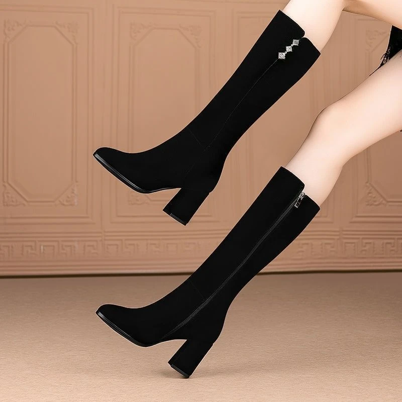 尖头高跟女式小个子高跟鞋长筒靴秋冬季高筒靴子女新款粗跟时装靴