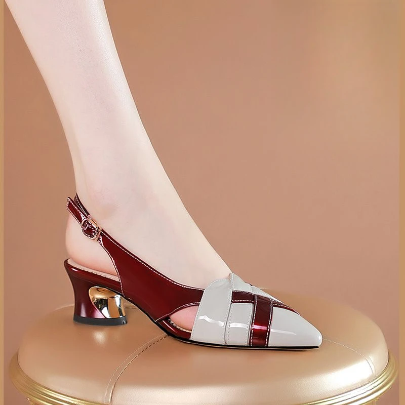 真软皮不累脚2025春夏季新款包头凉鞋子女尖头拼色低粗跟小皮鞋子