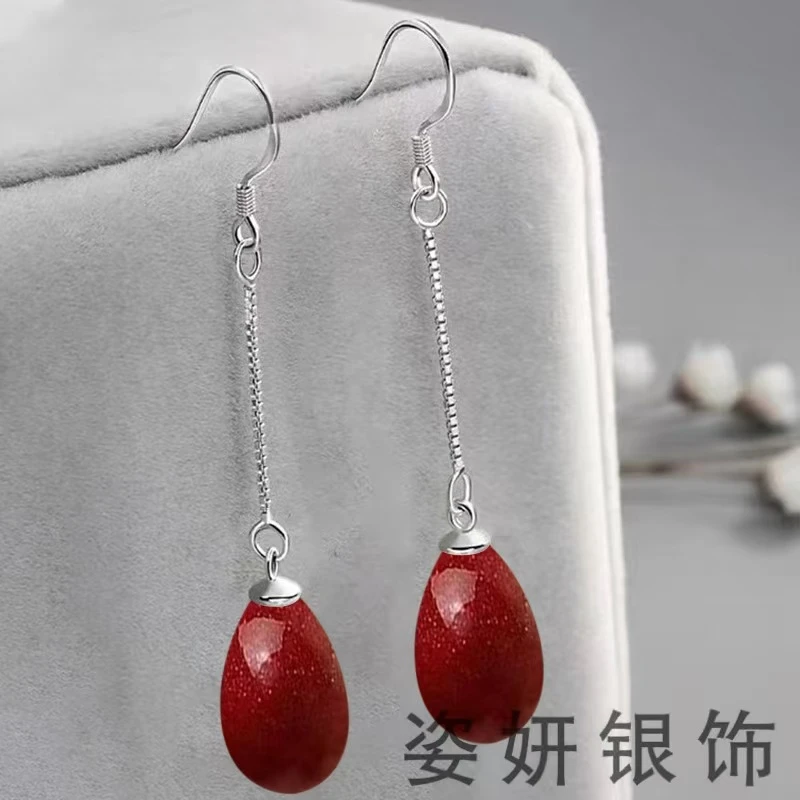 含辰砂工艺品长款水滴辰砂耳环简约气质百搭耳坠本命年新款爆款女