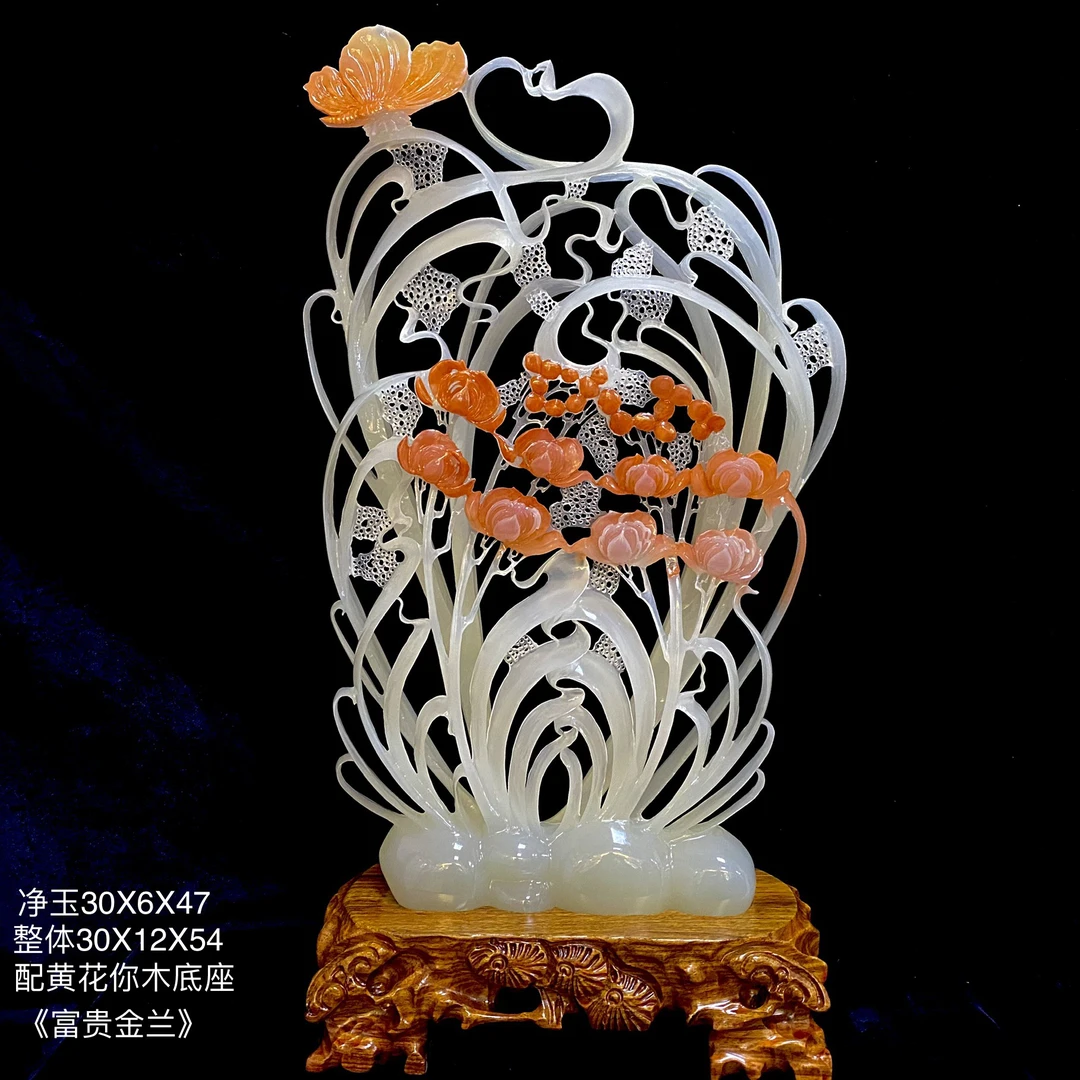 花开富贵金兰花精雕摆件家居客厅玄关办公室装饰工艺品新中式送礼