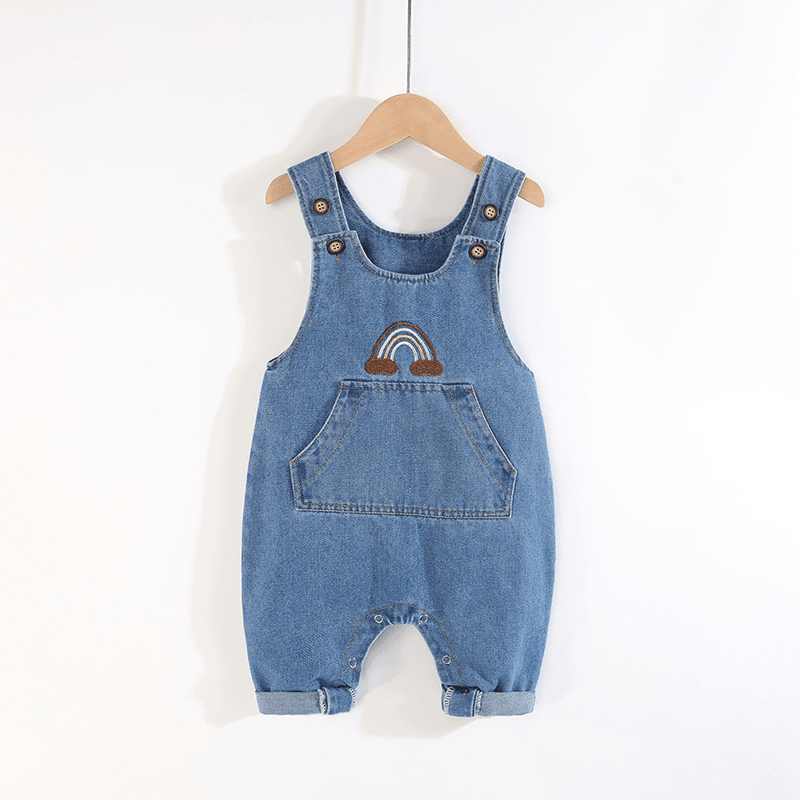 宝宝牛仔背带裤春秋卡通6个月-3岁按扣大pp裤开档宝宝裤子