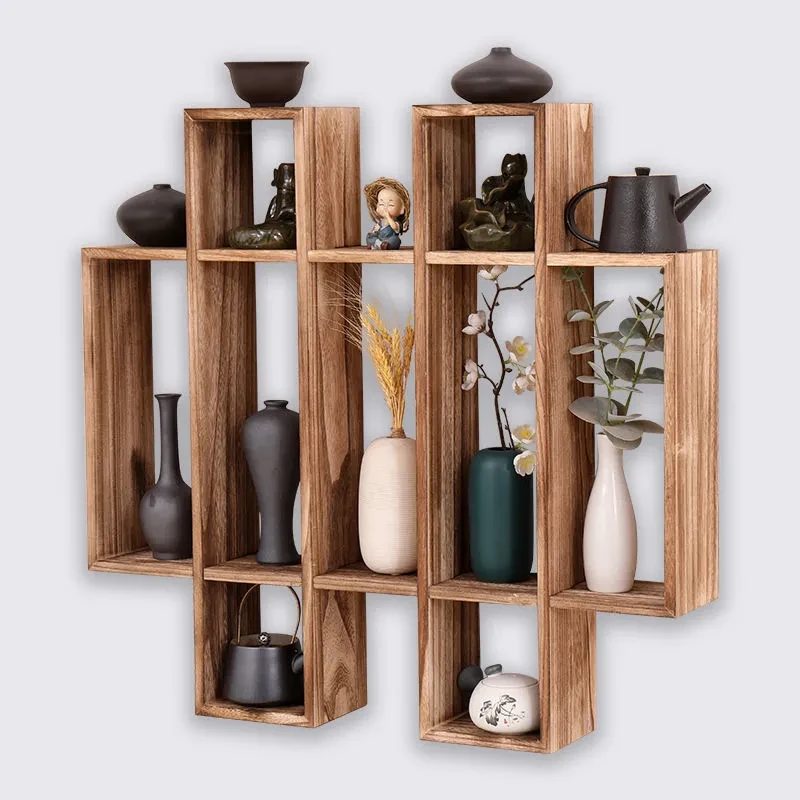 博古架实木中式挂墙壁挂式多宝阁隔断茶室置物架上墙摆件轻奢高档