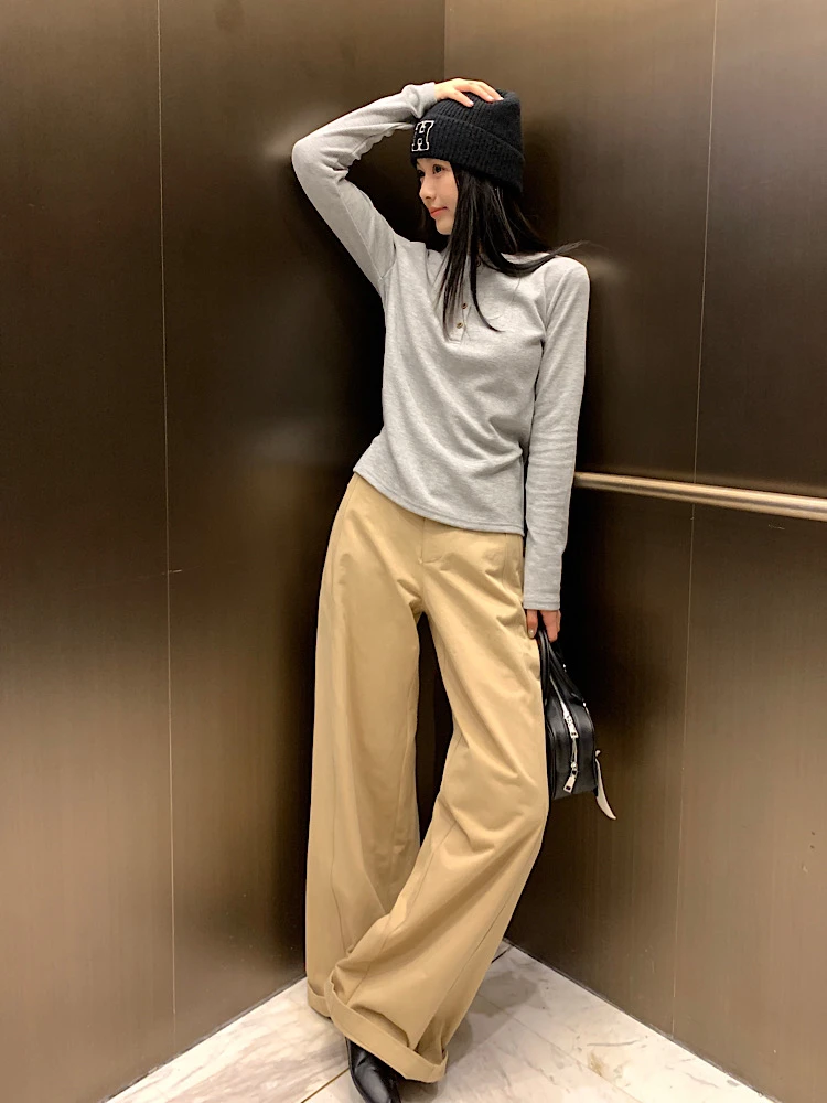 【四季厚度+轻微磨毛】卡其色休闲裤子女2024秋季直筒长裤休闲裤