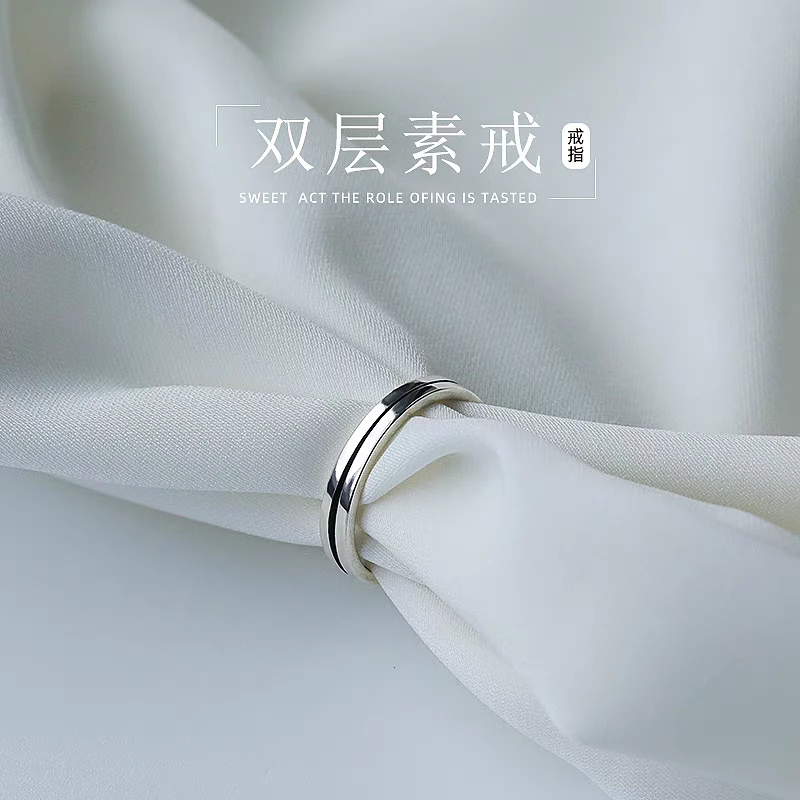 925银戒指 双层线条素戒简约小众设计轻奢食指开口戒指ins冷淡风