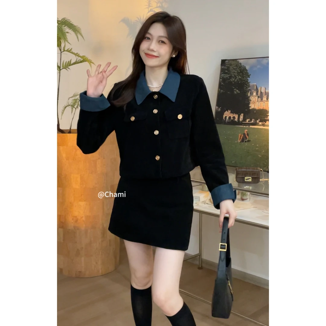 Chami「梦屿千寻」冬季高级感外套短裙撞色拼接加绒韩系套装