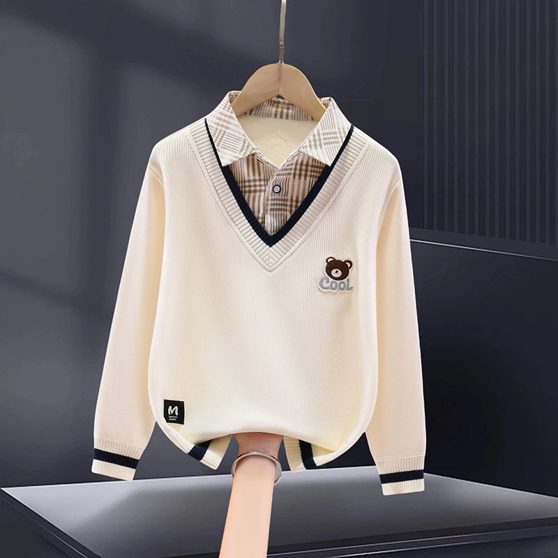 男童卫衣假两件春装加绒加厚秋冬款2024新款中大童保暖儿童男孩潮