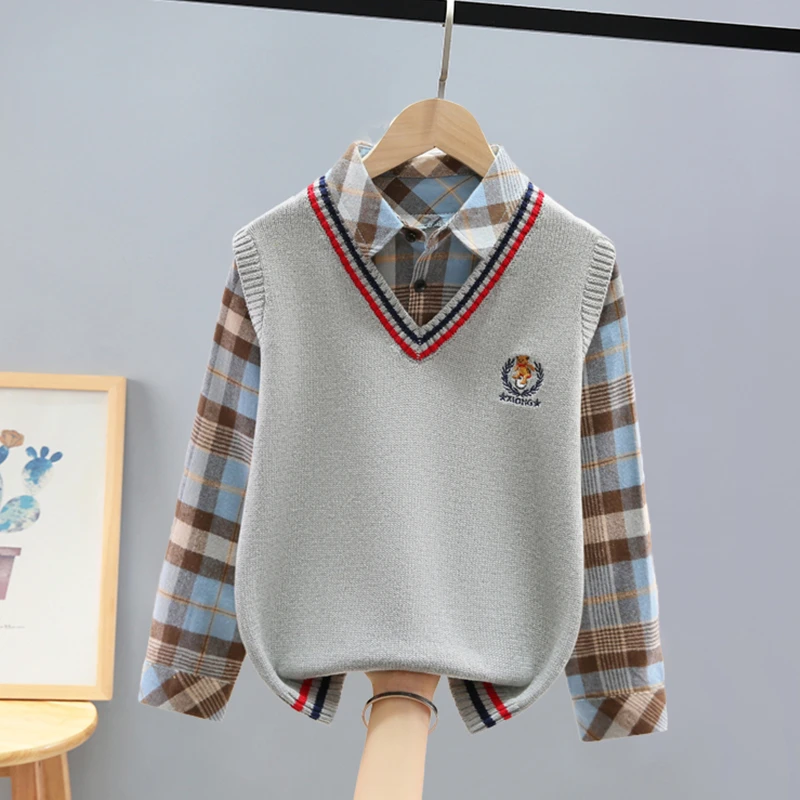 男童毛衣假两件秋装2025新款中大童针织衫套头儿童男孩学生韩版潮