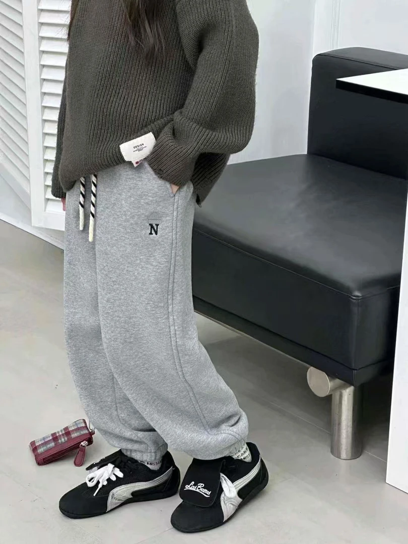 小文童学大童针织加绒卫裤2395青少年初高中生冬保暖一体绒男女生