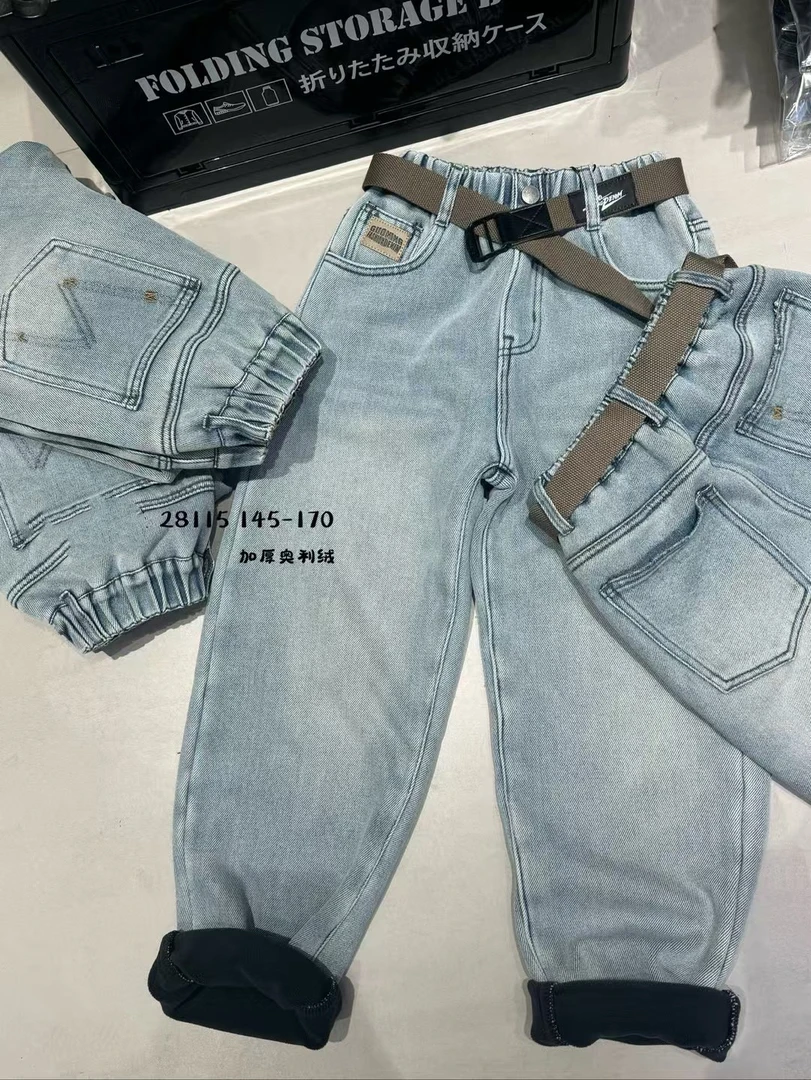 小文童学品牌儿童冬季加绒牛仔裤28115 大童中学生一体绒浅色牛仔