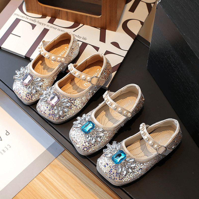 艾莎水晶公主鞋2024春秋新款蝴蝶结儿童宝宝皮鞋舒适软底水钻单鞋