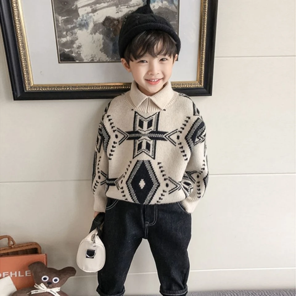 男童套头毛衣2023冬装新款保暖时尚帅气儿童翻领毛衣宝宝
