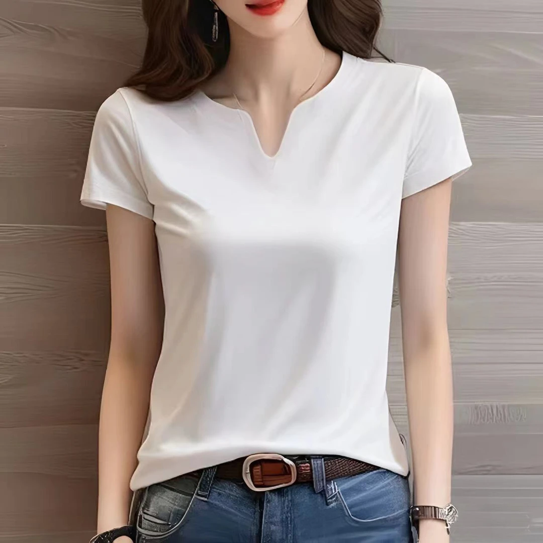 小V领简约新款收腰纯色短袖T恤女2024夏季百搭修身显瘦半袖白色