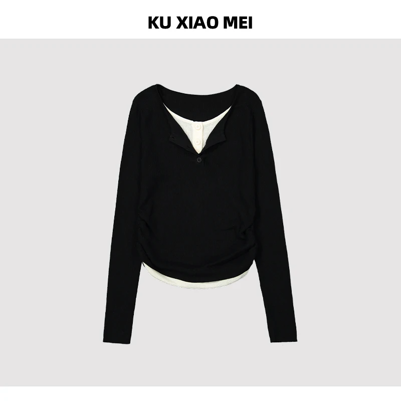 法式V领假两件长袖针织衫~弹力舒适时尚打底衫0195