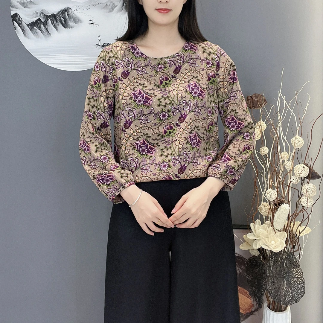 2024夏季圆领长袖大码印花妈妈装显瘦减龄百搭洋气女士上衣小衫