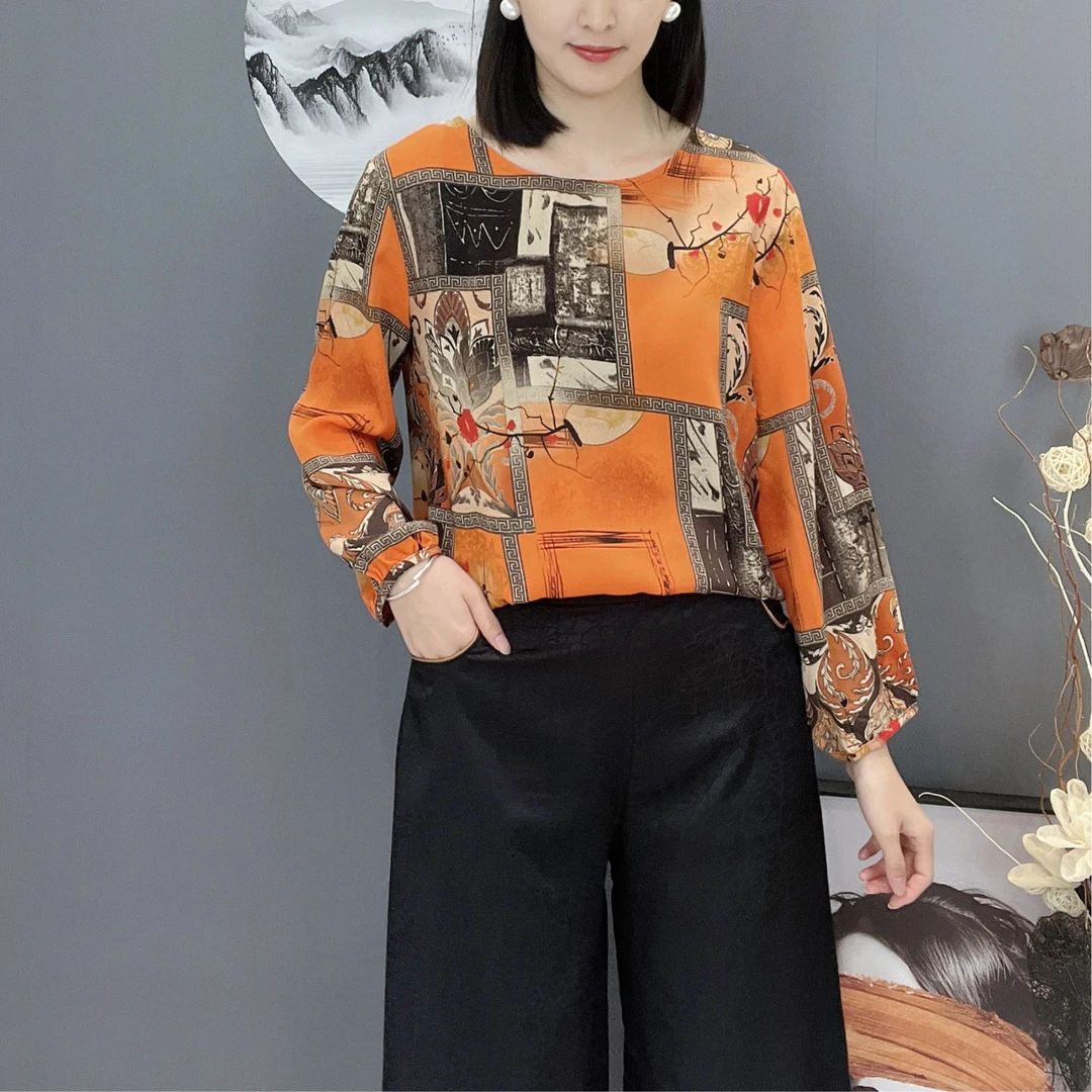 夏季新款圆领长袖洋气百搭显瘦减龄气质宽松女士妈妈装上衣小衫