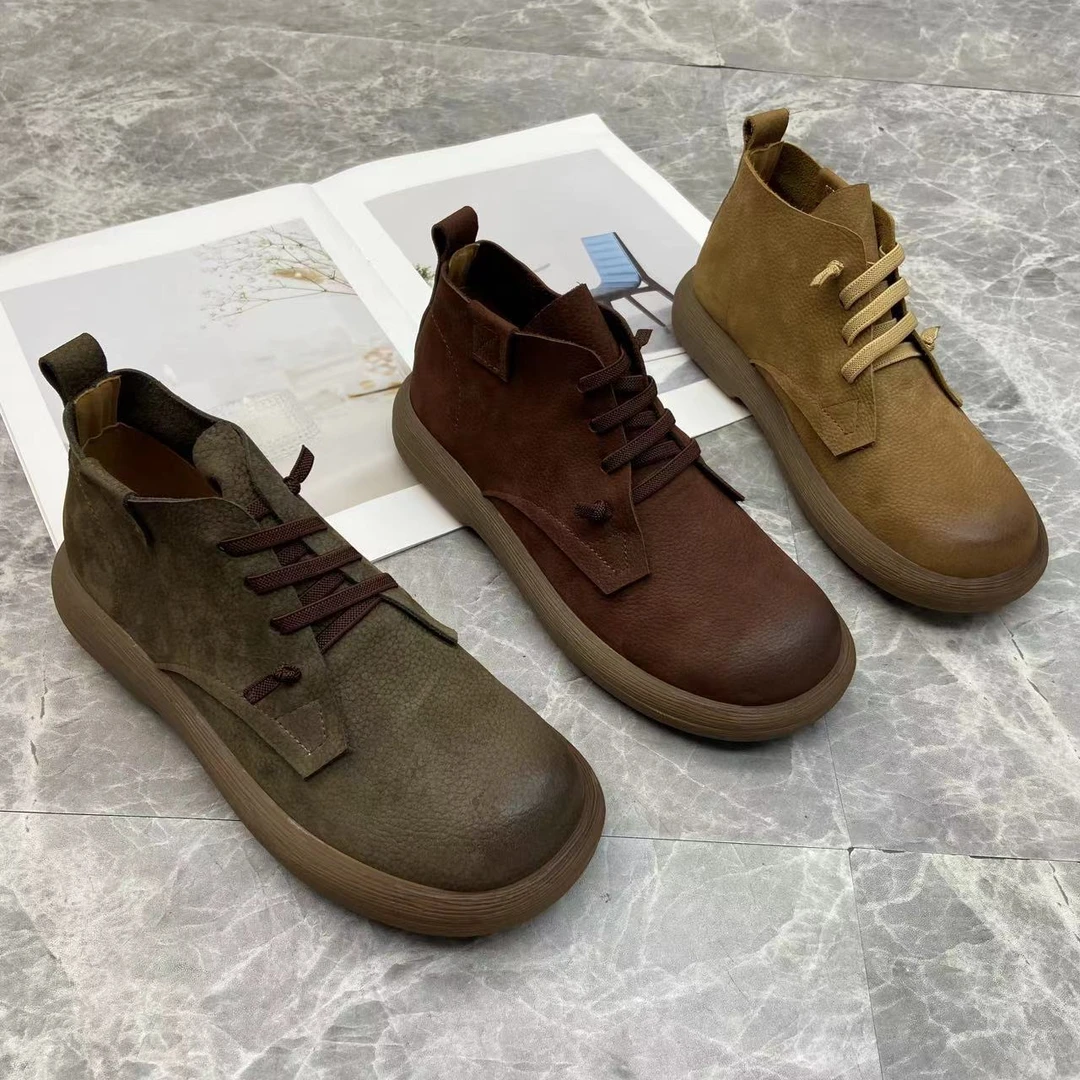 丽雅春秋新款真皮平底短靴女一脚蹬软底牛皮舒适休闲透气百搭鞋