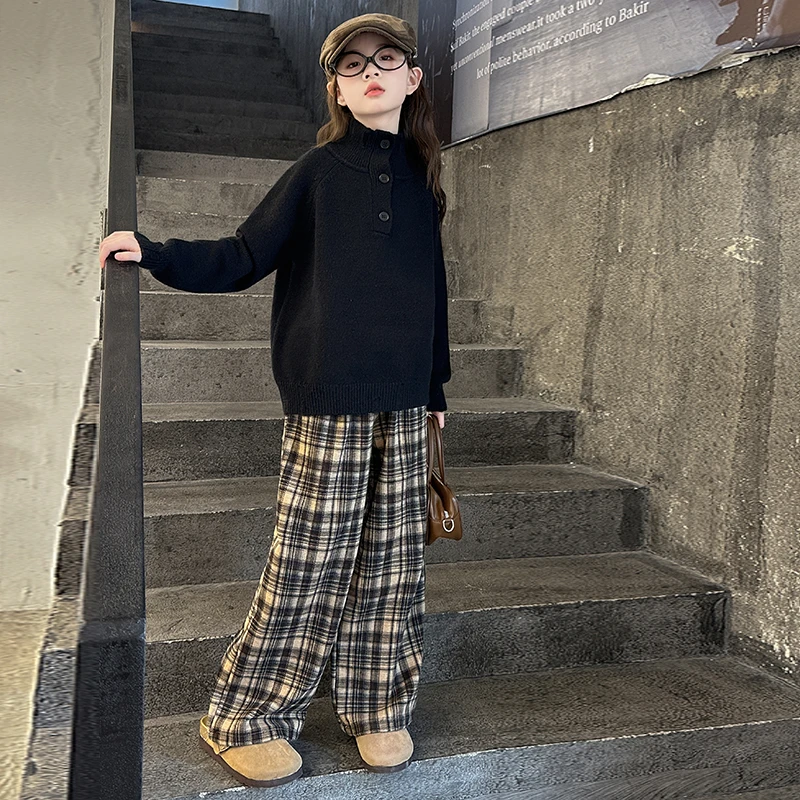 女童秋装套装洋气潮流儿童毛衣格子休闲裤两件套中大童时髦女童装