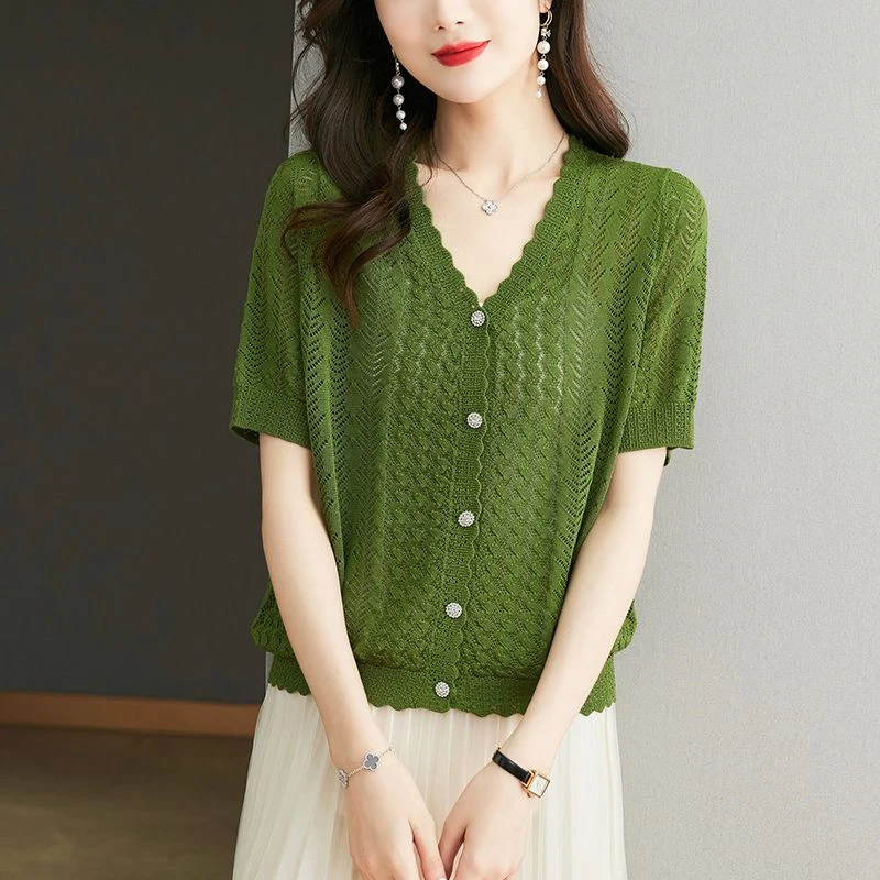 夏季冰丝短袖开衫t恤女宽松韩版大码遮肉防晒上衣时尚外搭针织衫