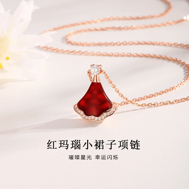 玉美初小裙子红玛瑙k金吊坠S925银镀玫瑰金女朋友生日礼物不褪色