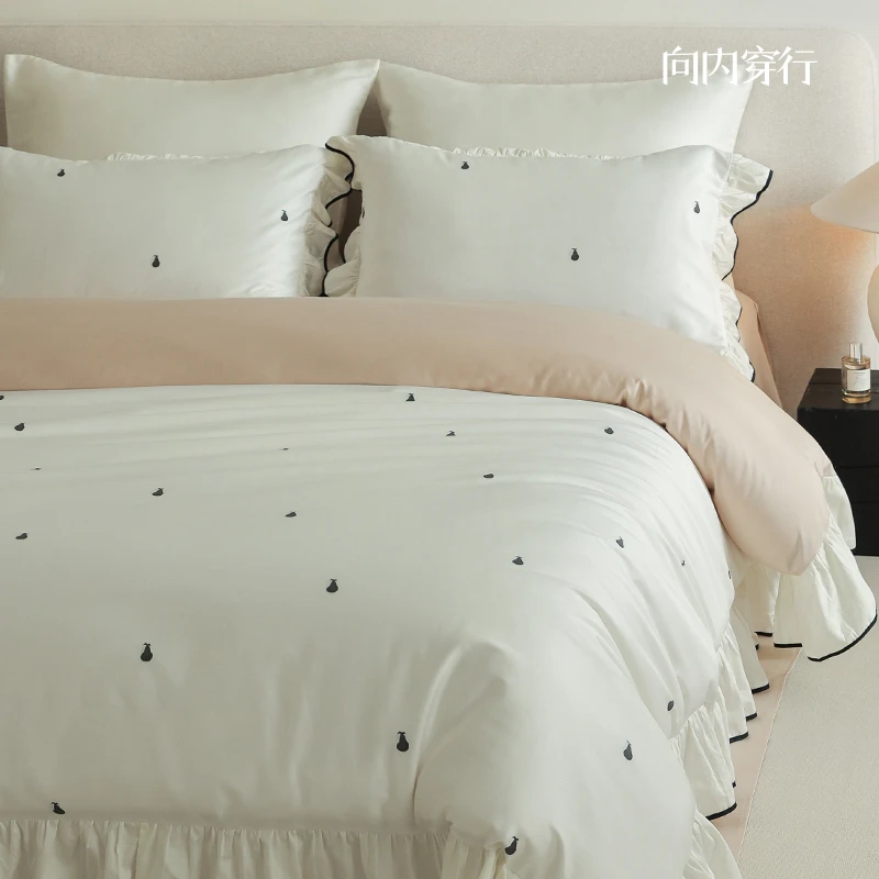 向内穿行长绒棉【香梨】纯棉剪花床上四件套全棉床单法式荷叶边床品