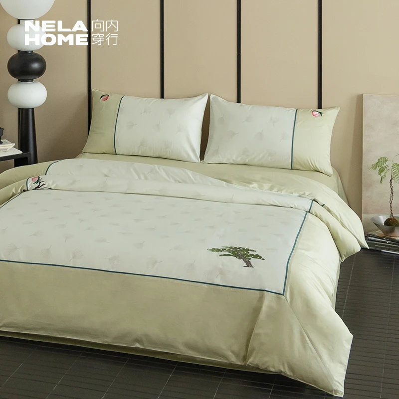 向内穿行【柏柏桃桃】长绒棉100全棉新中式刺绣床上四件套纯棉床品