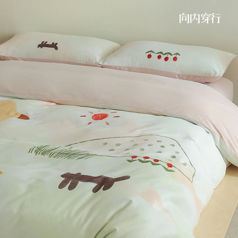 向内穿行A类【山野间】全棉插画风床上四件套纯棉磨毛2024新款床品