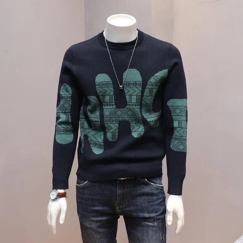 欧货新款韩版男士冬季圆领休闲针织衫青年潮流印花打底套头款毛衣
