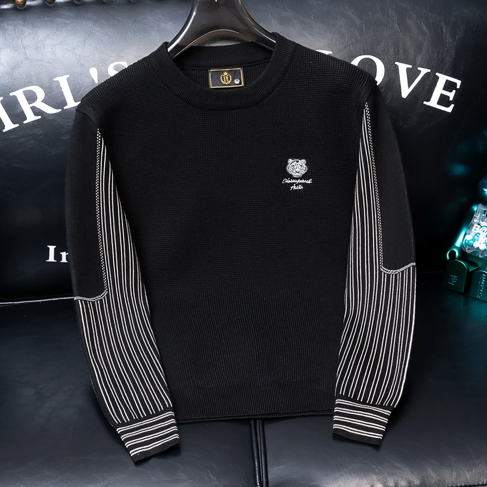 欧货秋冬季时尚休闲潮流圆领假两件针织衫套头款百搭修身条纹男士