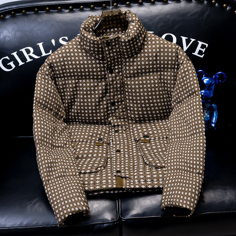 欧货冬季潮流格子时尚新款韩版羽绒服男士帅气百搭立领款保暖外套