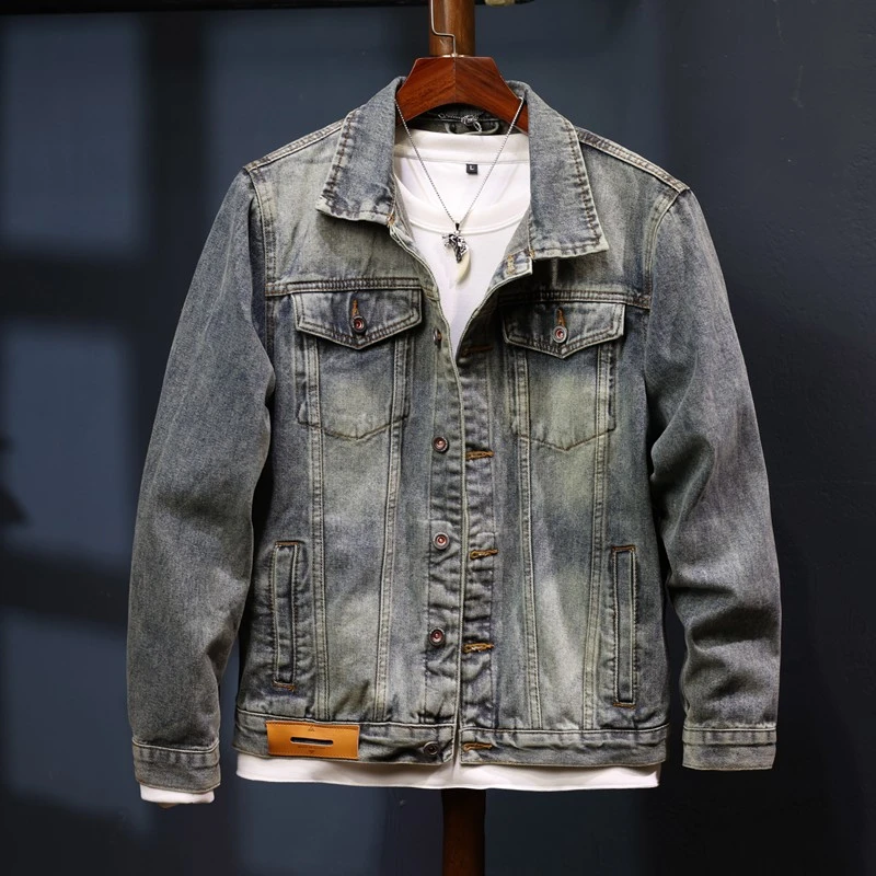 欧洲站男秋季新款痞帅潮牌修身夹克高级感机车复古水洗牛仔外套