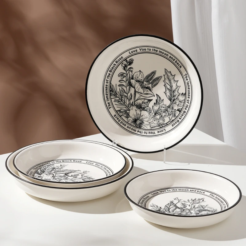 小香风系列陶瓷7英寸+8英寸圆盘新款高颜值山茶花黑白高级感餐具